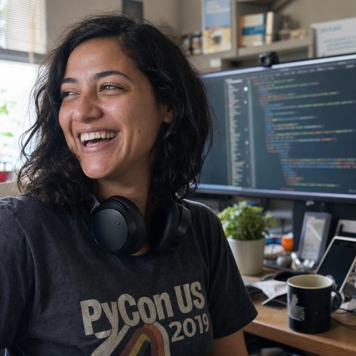 Alex Velázquez, 30s, at a standing desk mid-afternoon with headphones around her neck and code on a monitor behind her.