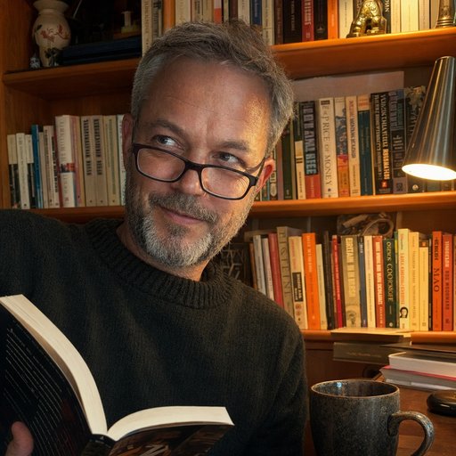 Jonas Lindqvist, 40s, in an evening reading nook with a wool sweater, glasses, and a bookshelf behind him.