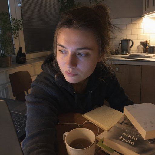 Marta Kowalczyk, late 20s, at her kitchen table at 1am with a hoodie and laptop glow on her face.
