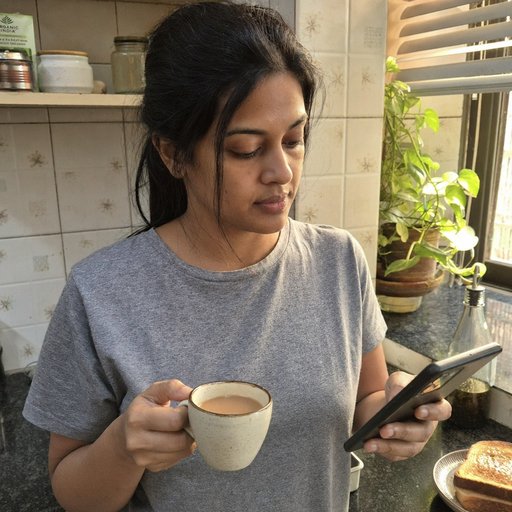 Priya Subramanian, 30s, at a kitchen counter in morning light with a phone in one hand and a mug in the other.